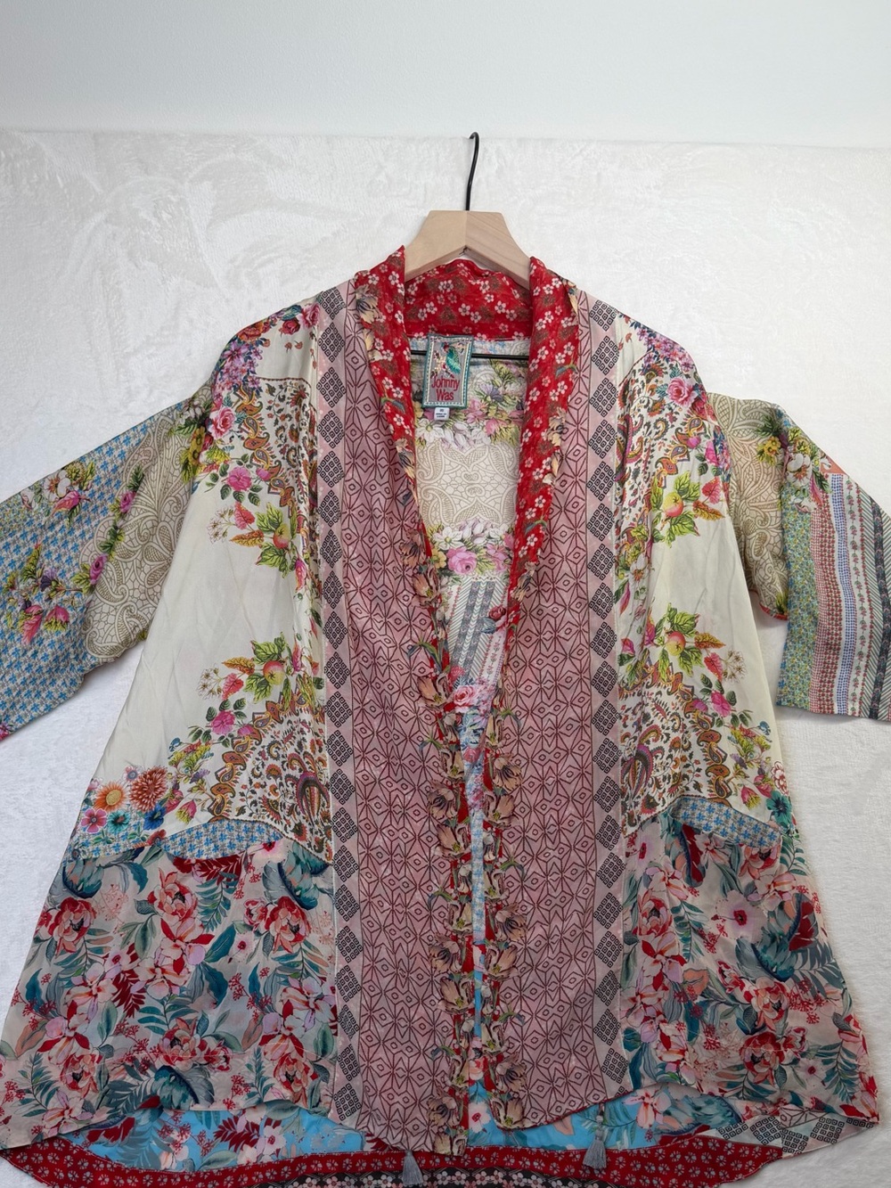 Johnny Was 100% Silk Floral Patchwork Kimono Cardigan XS Boho